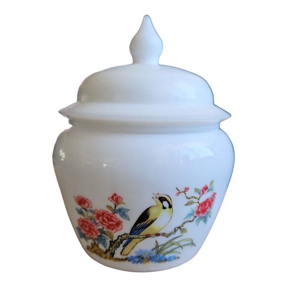 Vintage AVON Milk Glass Ginger Jar w/ Lid Oriental Bird Flower Print - Picture 1 of 11